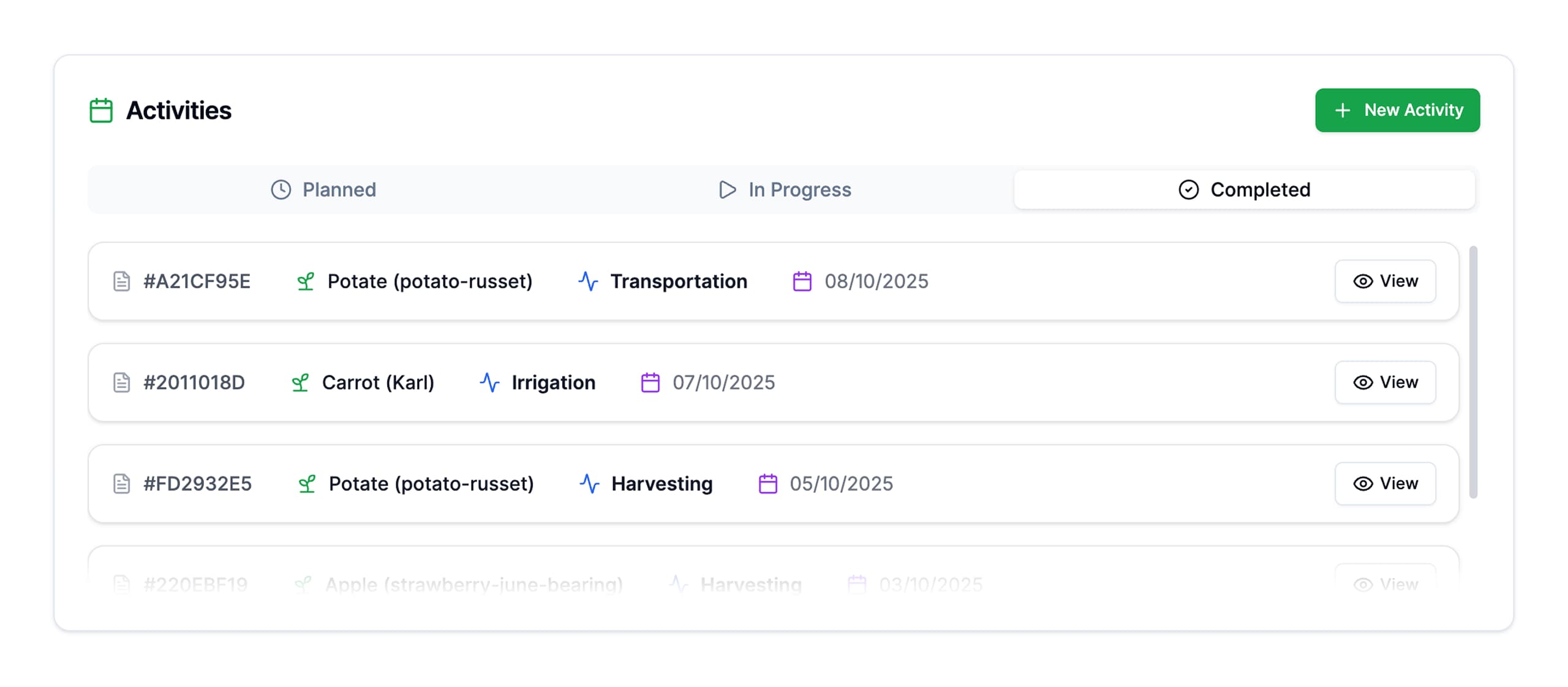 Activity block on Dashboard