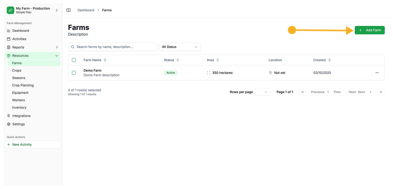 Farms page with the Add Farm button